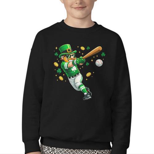 Leprechaun Play Baseball St Patrick's Day Men Kid Boys Youth Crewneck Sweatshirt - Sportilla