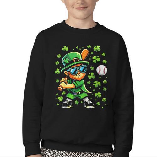Leprechaun Playing Baseball Happy St Patricks Day Men Boys Youth Crewneck Sweatshirt - Sportilla
