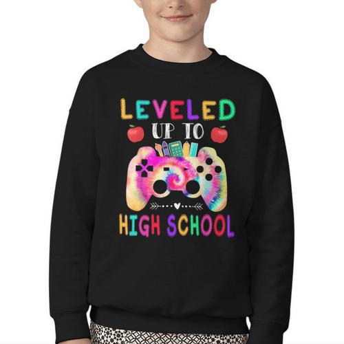 Leveled Up To High School Gaming Fun Back To School Tie Dye Youth Crewneck Sweatshirt - Savourry