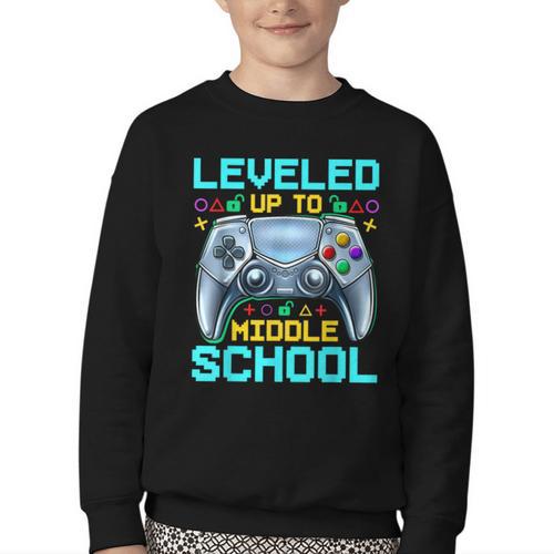 Leveled Up To Middle School Video Gamer Back To School Boys Youth Crewneck Sweatshirt - Savourry