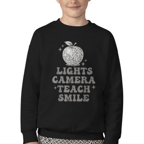 Lights Camera Teach Smile Disco-Ball Back To School Outfit Youth Crewneck Sweatshirt - Savourry