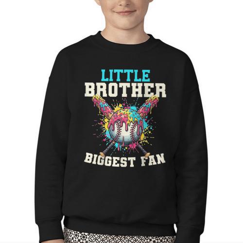 Little Brother Biggest Fan Baseball Cream Drip Crossed Bats Youth Crewneck Sweatshirt - Sportilla