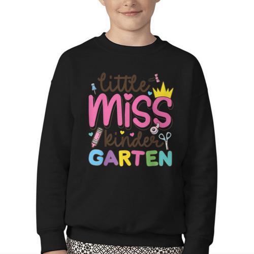 Little Miss Kindergarten First Day Back To School Girls Cute Youth Crewneck Sweatshirt - Savourry