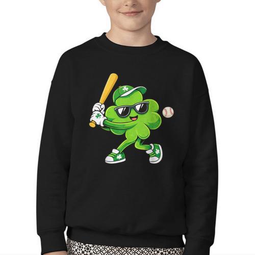 Lucky Shamrock Playing Baseball St Patrick's Kids Boys Youth Crewneck Sweatshirt - Sportilla