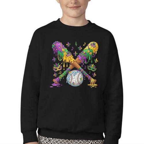 Mardi Gras Baseball Drip Shirt Cool Dripping Baseball Drip Youth Crewneck Sweatshirt - Sportilla