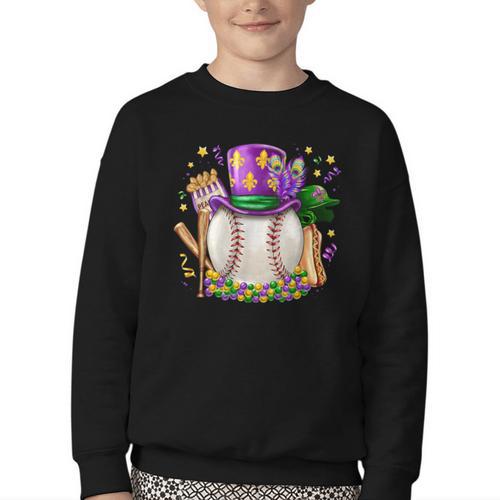 Mardi Gras Baseball Jester Hat Fleur De Lis Boys Girls Kids Youth Crewneck Sweatshirt - Sportilla