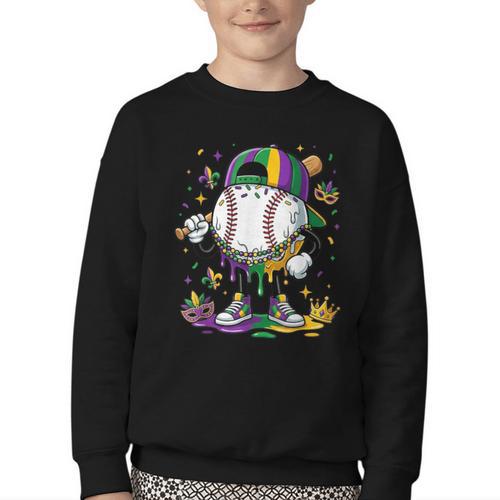 Mardi Gras Ice Cream Drip Baseball Carnival Party Mask Boys Youth Crewneck Sweatshirt - Sportilla