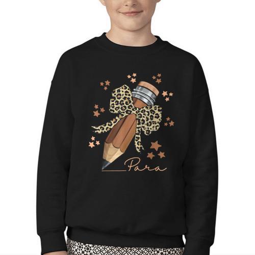 Melanin Pencil Leopard Bow Para Back To School Youth Crewneck Sweatshirt - Savourry