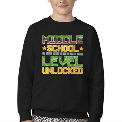 Middle School Level Unlocked Gamer Back To School Youth Crewneck Sweatshirt - Savourry