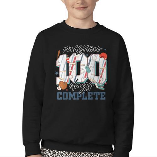 Mission 100 Days Complete Baseball 100th Day Of School Boys Youth Crewneck Sweatshirt - Sportilla