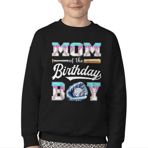 Mom Of The Birthday Boy Baseball Ice Cream Drip Matching Youth Crewneck Sweatshirt - Sportilla