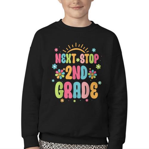 Next Stop 2nd Grade Groovy Retro Second Grade Back To School Youth Crewneck Sweatshirt - Savourry
