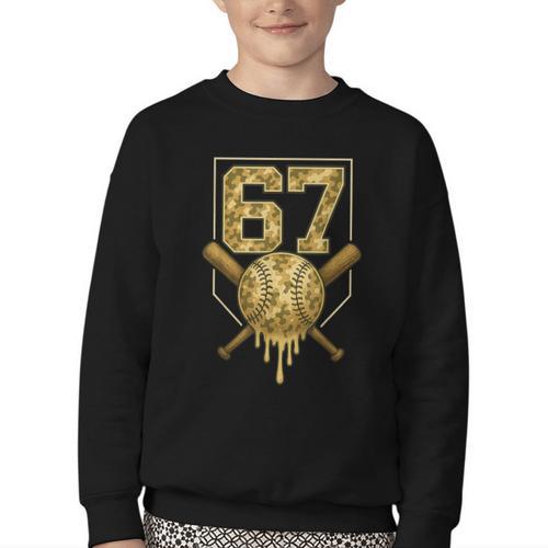Number 67 Baseball Drip Camo Six Seven Meme Boys Kids Youth Crewneck Sweatshirt - Sportilla