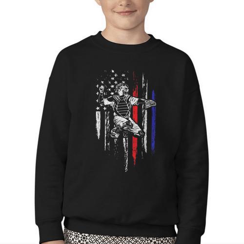 Patriotic Baseball Catcher American Flag Sports Tee Youth Crewneck Sweatshirt - Sportilla