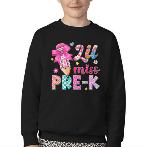 Pencil Bow Lil Miss Pre-K Pre-K Back To School Youth Crewneck Sweatshirt - Savourry