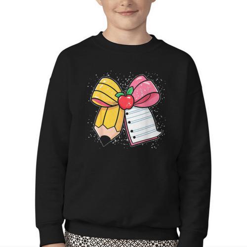 Pencil Coquette Bow Happy First Day Of School Back To School Youth Crewneck Sweatshirt - Savourry