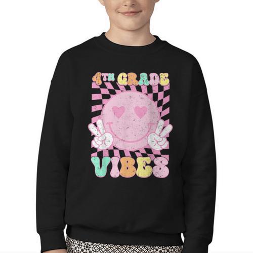 Pink 4th Grade Vibes Smile Face Back To School Fourth Grade Youth Crewneck Sweatshirt - Savourry