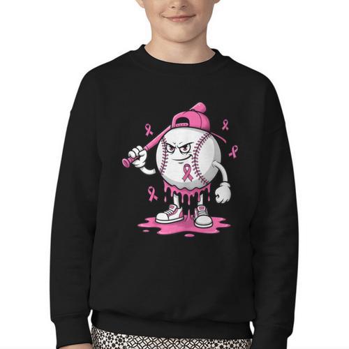 Pink Ribbon Baseball Breast Cancer Awareness Youth Crewneck Sweatshirt - Sportilla