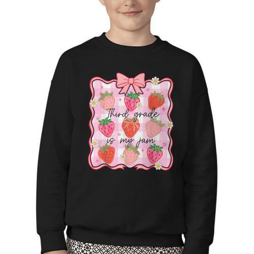 Preppy Back To School 3rd Grade Is My Jam Strawberry Bow Youth Crewneck Sweatshirt - Savourry