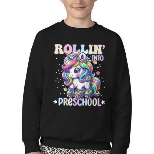 Preschool Back To School First Day Girls PreK Rollin Unicorn Youth Crewneck Sweatshirt - Savourry