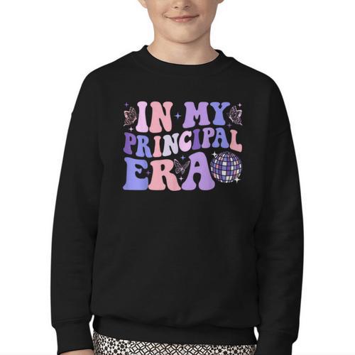 In My Principal Era Groovy School Principal Back To School Youth Crewneck Sweatshirt - Savourry