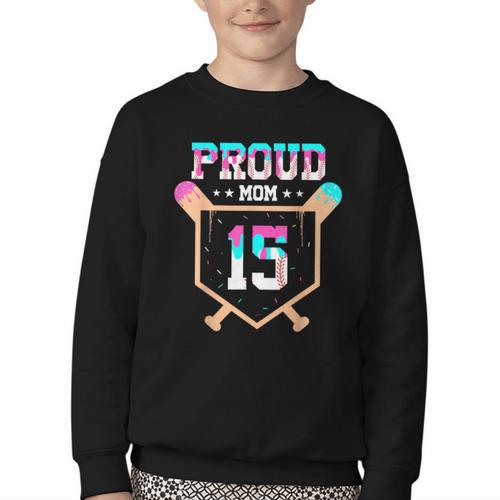 Proud Mom Baseball Player Number 15 Ice Cream Drip Youth Crewneck Sweatshirt - Sportilla