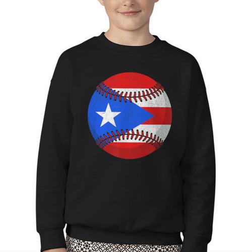 Puerto Rico Baseball Flag Boricua Beisbol Fan Gear Youth Crewneck Sweatshirt - Sportilla