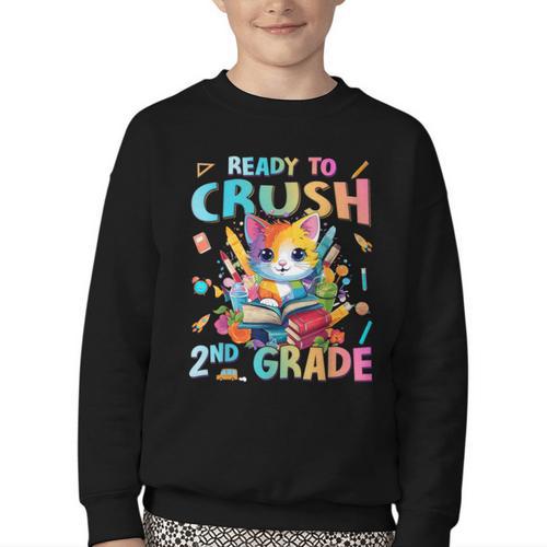 Ready To Crush 2nd Grade Back To School 2nd Grade Cat Kitten Youth Crewneck Sweatshirt - Savourry