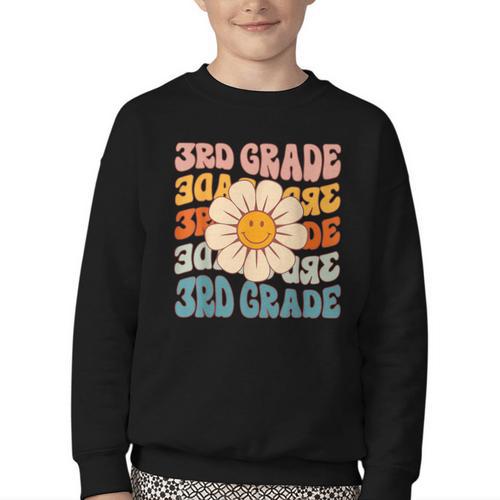 Retro 3rd Grade Daisy Colorful Back To School Third Grade Youth Crewneck Sweatshirt - Savourry