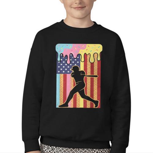Retro Baseball Drip Boys Ice Cream Patriotic American Flag Youth Crewneck Sweatshirt - Sportilla