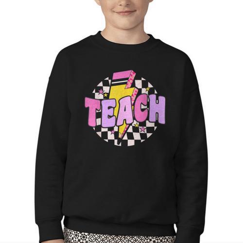 Retro Checkered Teach Pencil Lightning Back To School Youth Crewneck Sweatshirt - Savourry