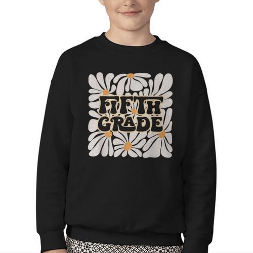 Retro Flower Power Squared Fifth 5th Grade Back To School Youth Crewneck Sweatshirt - Savourry