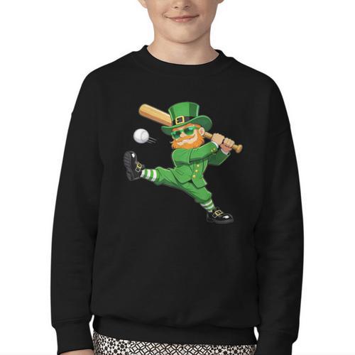 Retro Leprechaun Baseball St Patricks Day Sport Men Boy Kids Youth Crewneck Sweatshirt - Sportilla