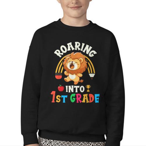 Roaring Into First Grade Lion 1st Grade Back To School Youth Crewneck Sweatshirt - Savourry