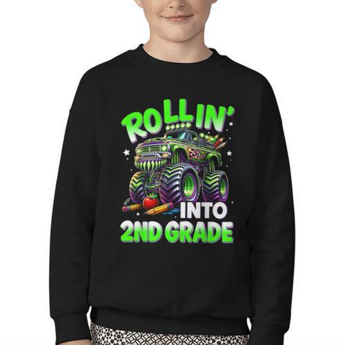 Rollin' Into 2nd Grade Monster Truck Back To School Boys Youth Crewneck Sweatshirt - Savourry