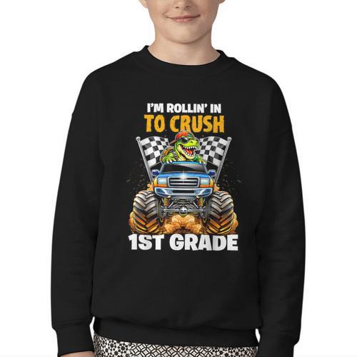 Rollin Crush Dinosaur Monster Truck Back To School 1st Grade Youth Crewneck Sweatshirt - Savourry