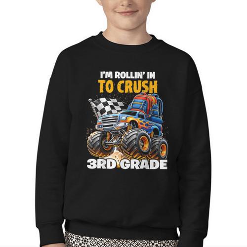 Rollin Crush Monster Truck Back To School 3rd Grade Boys Youth Crewneck Sweatshirt - Savourry