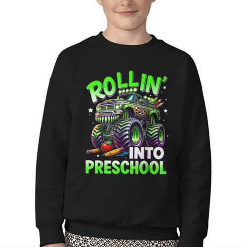 Rollin' Into Preschool Monster Truck Back To School Boys Youth Crewneck Sweatshirt - Savourry