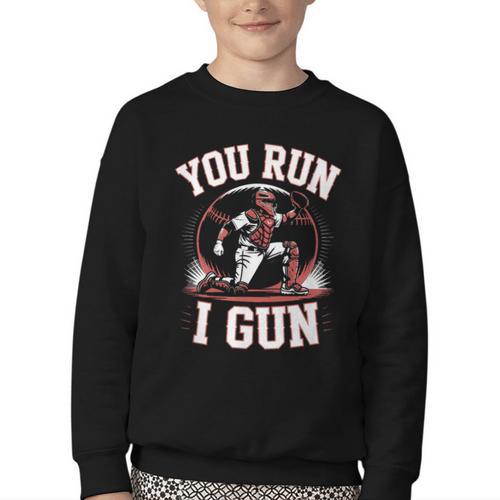 You Run I Gun Baseball Catcher Softball Player Youth Crewneck Sweatshirt - Sportilla