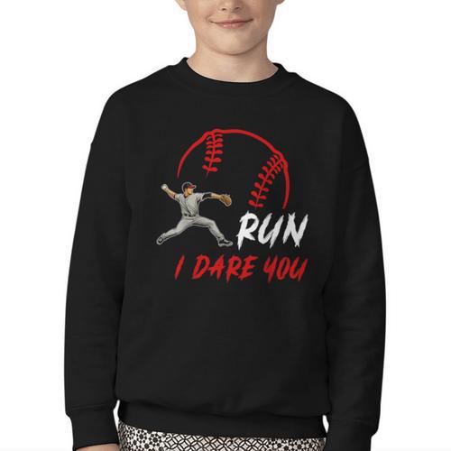 Run Steal I Dare You Humor Baseball Catcher Vintage Youth Crewneck Sweatshirt - Sportilla