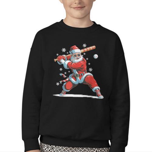 Santa Playing Baseball Christmas Candy Cane Fun Xmas Holiday Youth Crewneck Sweatshirt - Sportilla
