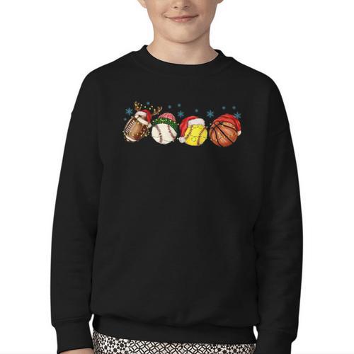 Santa Sports Boys Xmas Baseball Football Softball Basketball Youth Crewneck Sweatshirt - Sportilla