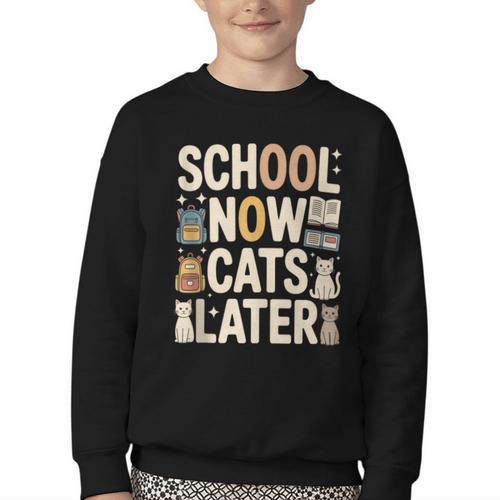 School Now Cats Later Back To School Youth Crewneck Sweatshirt - Savourry