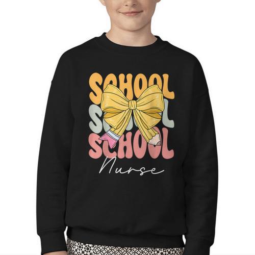 School Nurse Groovy Coquette Bow Cute Back To School Youth Crewneck Sweatshirt - Savourry
