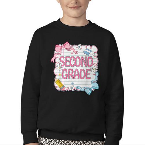 Second Grade Girls Kids Back To School Girls Coquette Bows Youth Crewneck Sweatshirt - Savourry