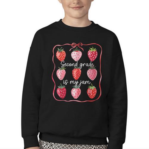 Second Grade Is My Jam Strawberry 2nd Grade Back To School Youth Crewneck Sweatshirt - Savourry