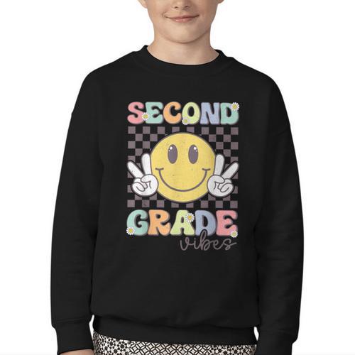 Second Grade Vibes Smile Face 2nd Grade Team Back To School Youth Crewneck Sweatshirt - Savourry