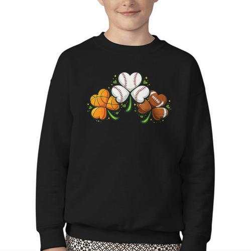 Shamrock Baseball Basketball Football St Patricks Day Youth Crewneck Sweatshirt - Sportilla