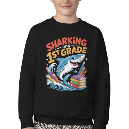 Sharking Into 1st Grade Back To School Shark Youth Crewneck Sweatshirt - Savourry