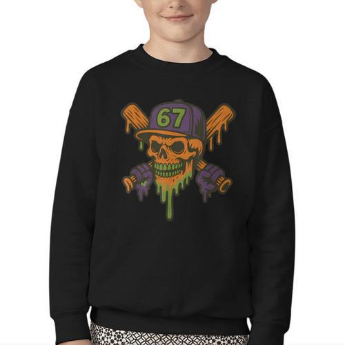 Six Seven 6 7 Baseball Skull Drip Halloween Horror Sports Youth Crewneck Sweatshirt - Sportilla